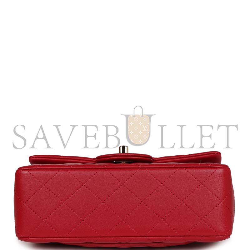 CHANEL MINI RECTANGULAR FLAP WITH TOP HANDLE RED LAMBSKIN LIGHT GOLD HARDWARE (20*12*6cm)